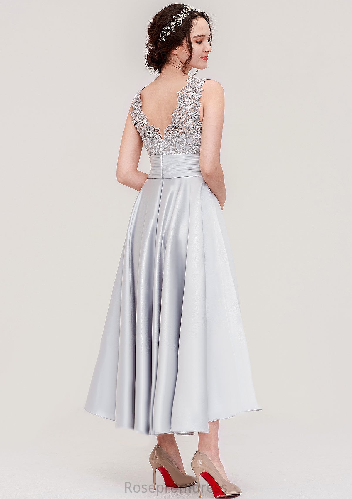 Sleeveless V Neck Asymmetrical Satin A-line/Princess Bridesmaid Dresses With Pleated Lace Johanna SRSP0025468
