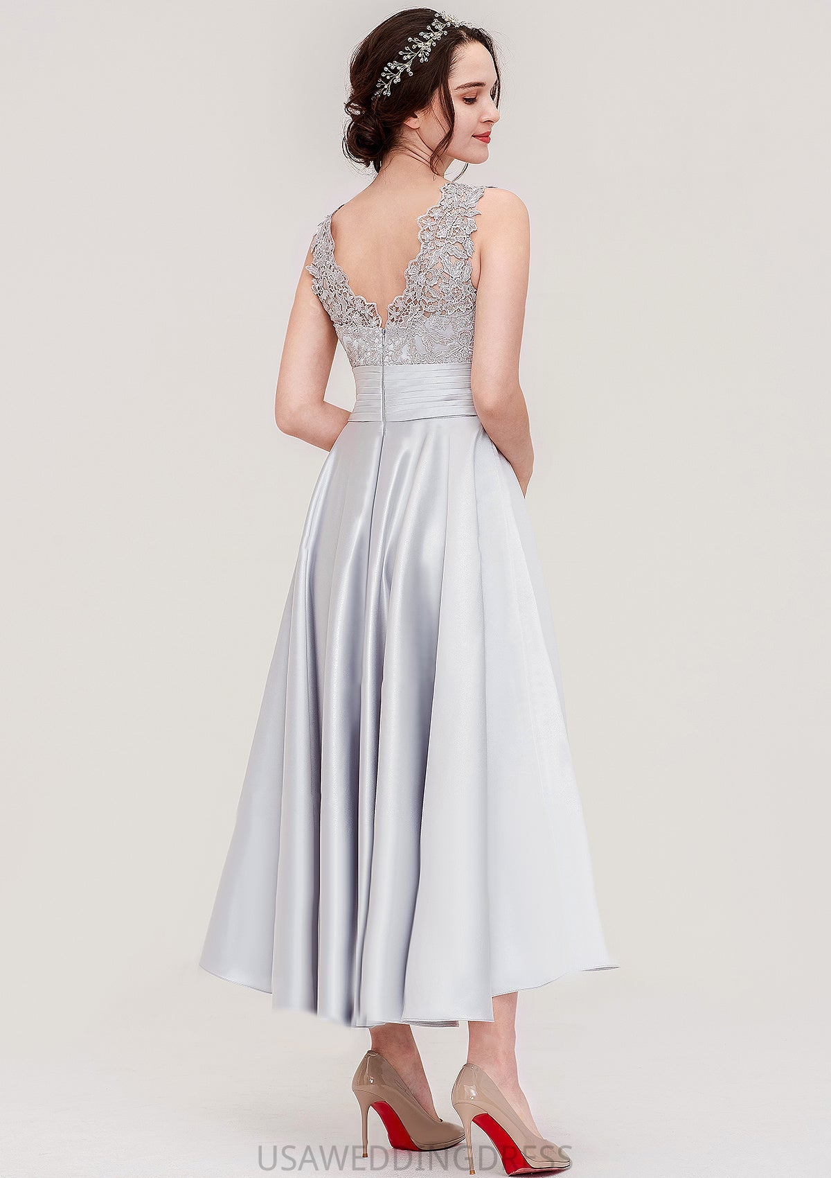 Sleeveless V Neck Asymmetrical Satin A-line/Princess Bridesmaid Dresses With Pleated Lace Tiana DSP0025468