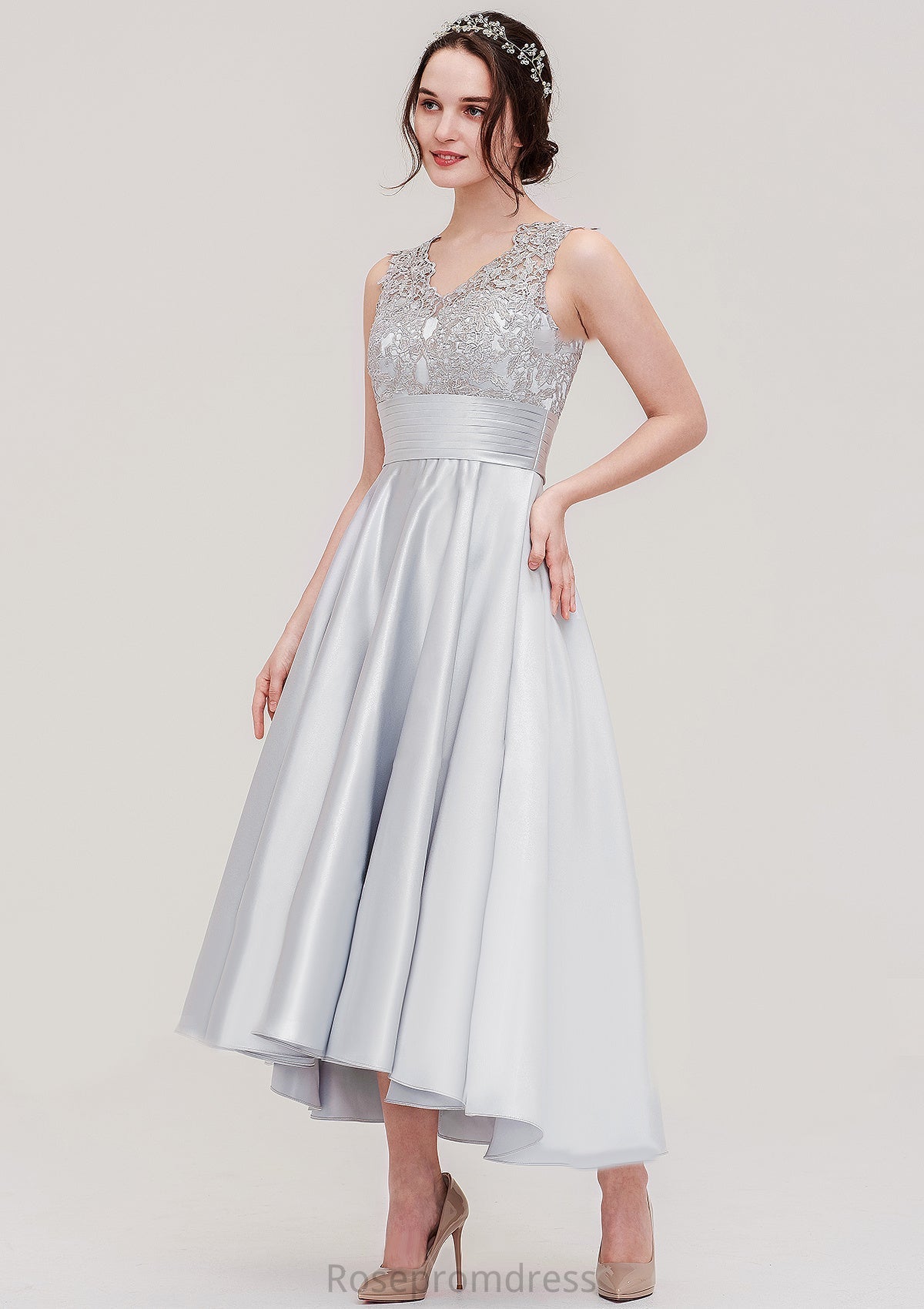 Sleeveless V Neck Asymmetrical Satin A-line/Princess Bridesmaid Dresses With Pleated Lace Johanna SRSP0025468
