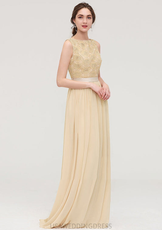 Bateau Sleeveless A-line/Princess Chiffon Long/Floor-Length Bridesmaid Dresses With Sashes Lace Mina DSP0025472