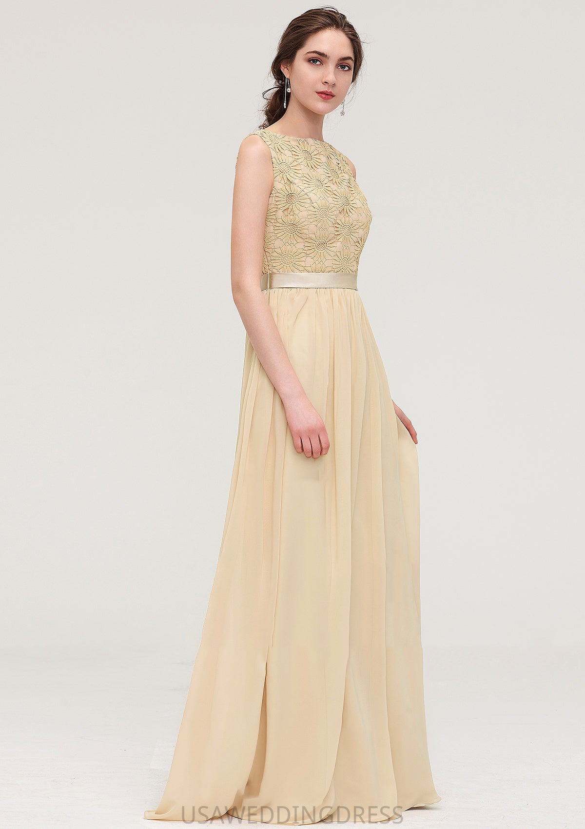 Bateau Sleeveless A-line/Princess Chiffon Long/Floor-Length Bridesmaid Dresses With Sashes Lace Mina DSP0025472