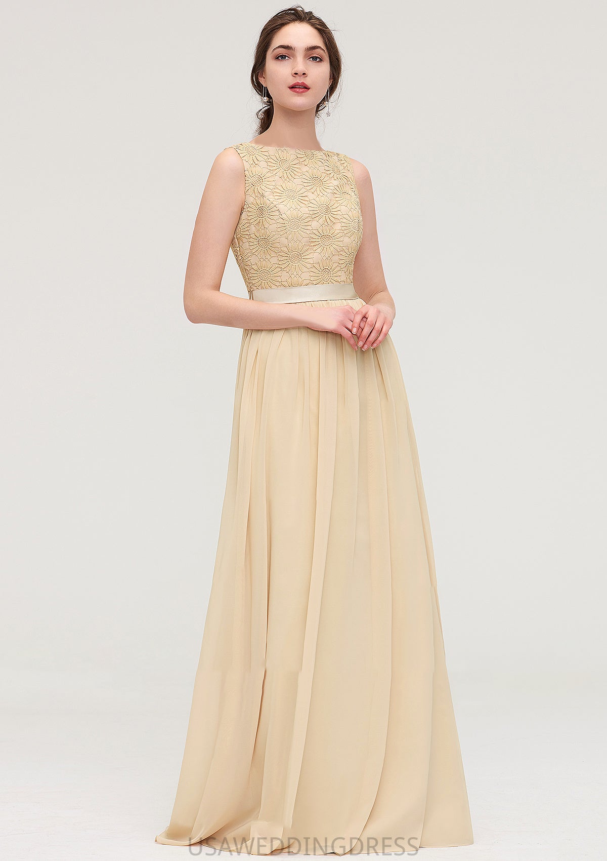 Bateau Sleeveless A-line/Princess Chiffon Long/Floor-Length Bridesmaid Dresses With Sashes Lace Mina DSP0025472