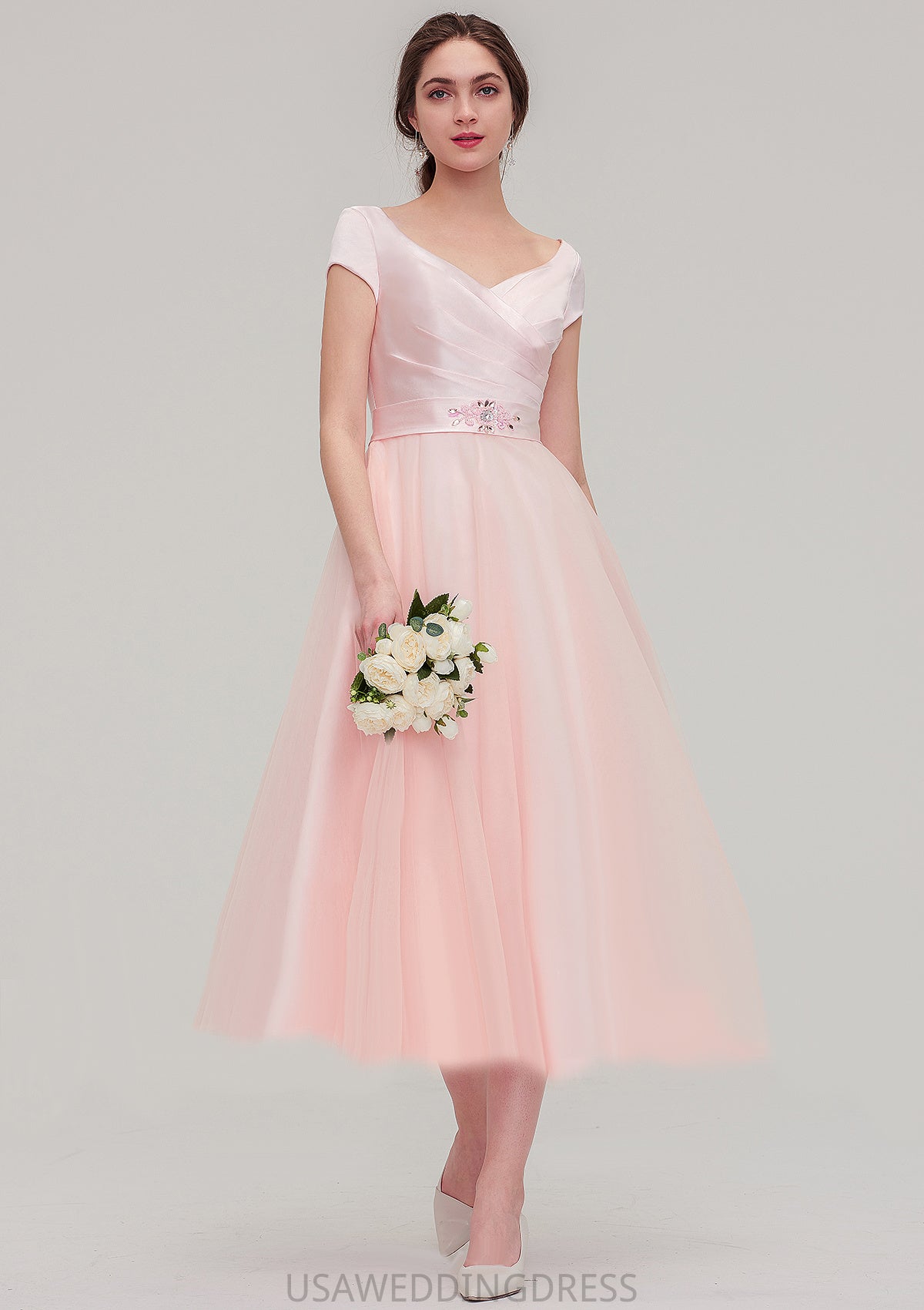 Sweetheart Short Sleeve Tea-Length Tulle A-line/Princess Bridesmaid Dresses With Waistband Beading Pleated Sophia DSP0025473