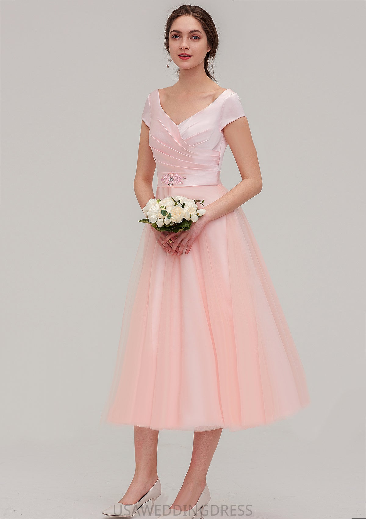Sweetheart Short Sleeve Tea-Length Tulle A-line/Princess Bridesmaid Dresses With Waistband Beading Pleated Sophia DSP0025473