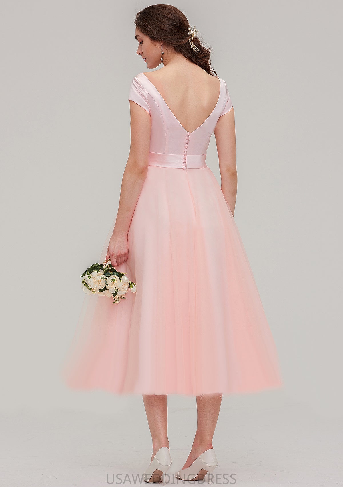 Sweetheart Short Sleeve Tea-Length Tulle A-line/Princess Bridesmaid Dresses With Waistband Beading Pleated Sophia DSP0025473