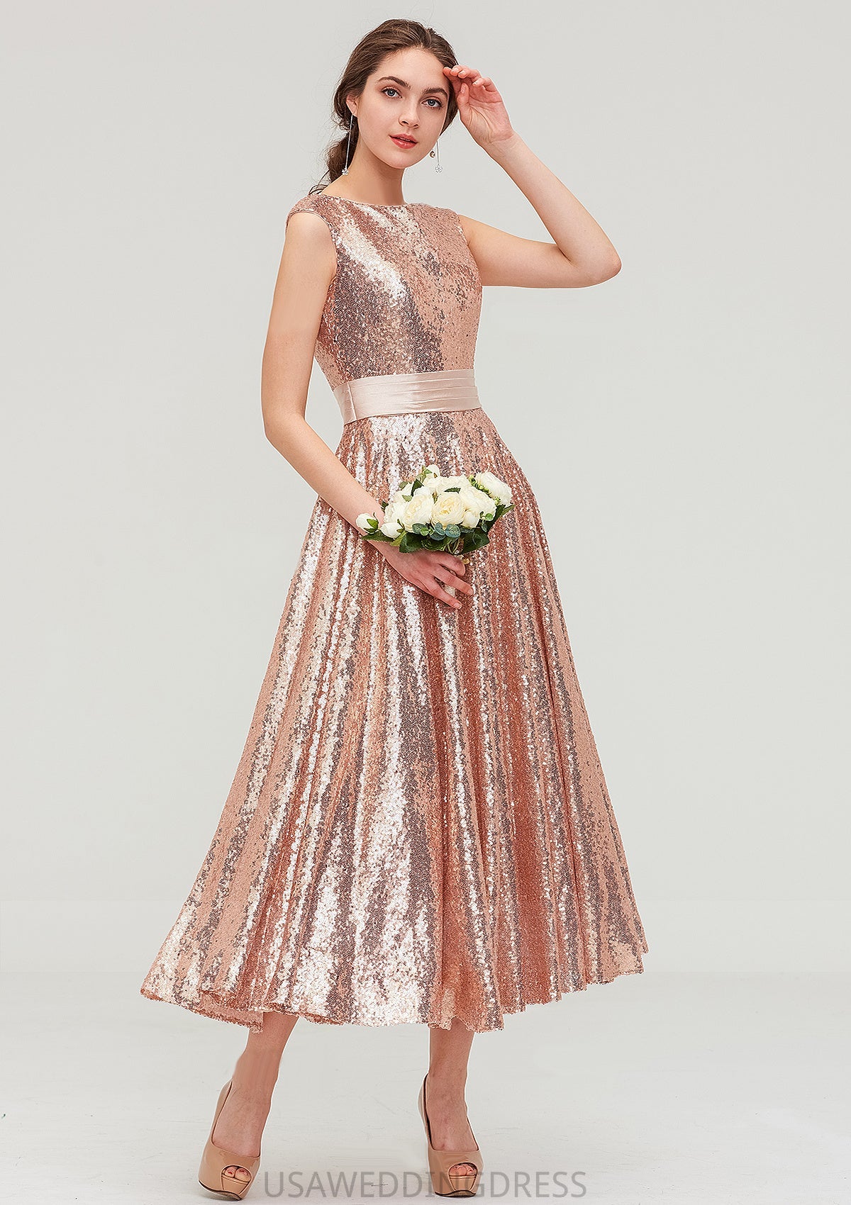 Bateau Sleeveless Tea-Length Sequined A-line/Princess Bridesmaid Dresses With Sashes Brielle DSP0025474
