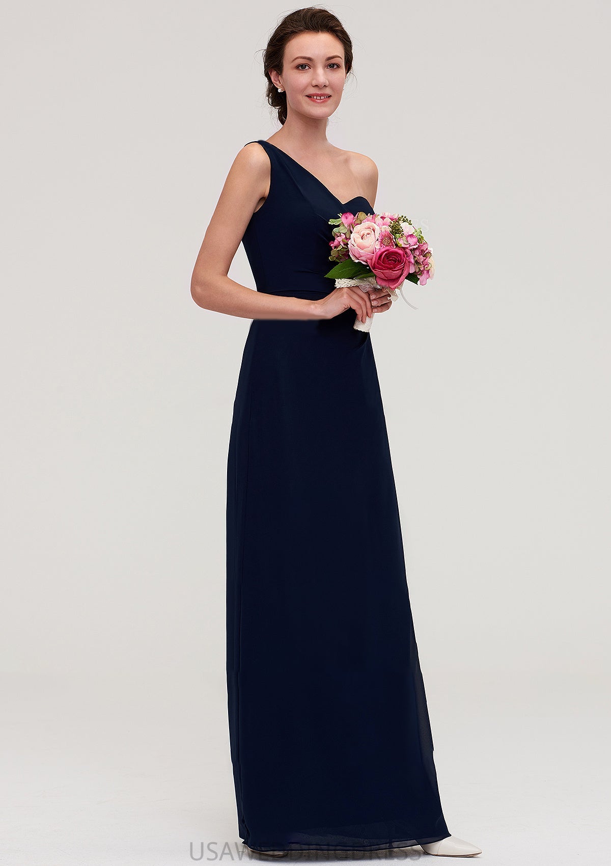 Sleeveless One-Shoulder A-line/Princess Chiffon Long/Floor-Length Bridesmaid Dresses With Pleated Ciara DSP0025475