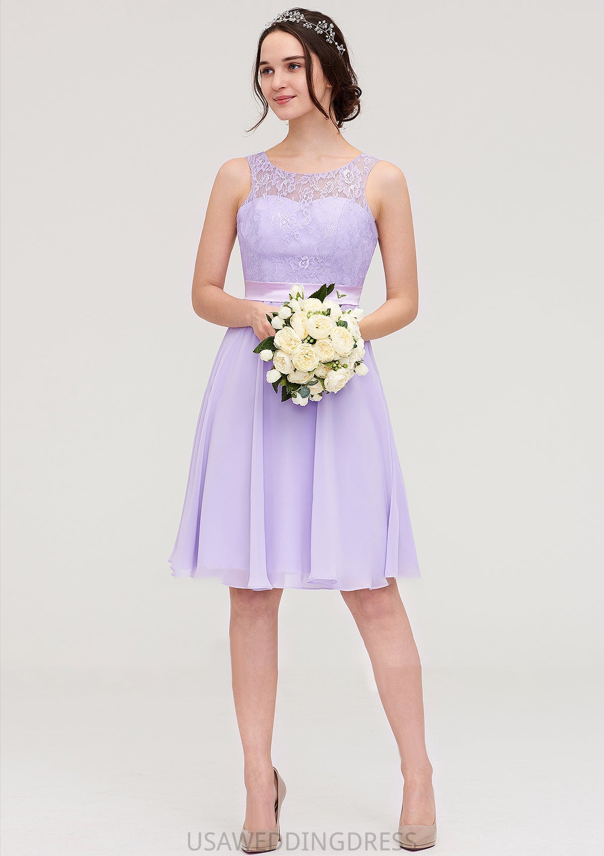 Sleeveless Knee-Length Chiffon A-line/Princess Bridesmaid Dresses With Sashes Lace Jolie DSP0025481