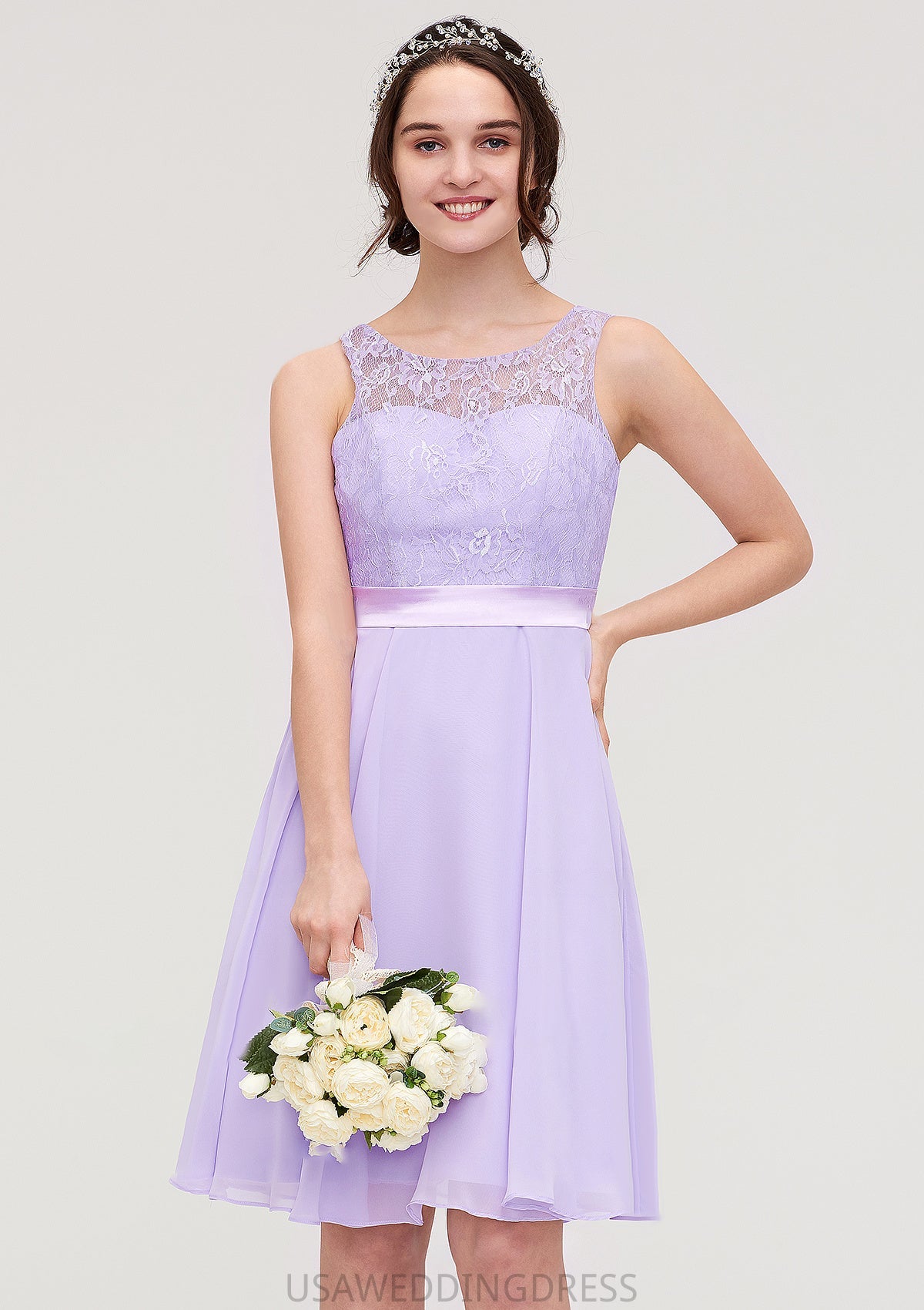 Sleeveless Knee-Length Chiffon A-line/Princess Bridesmaid Dresses With Sashes Lace Jolie DSP0025481