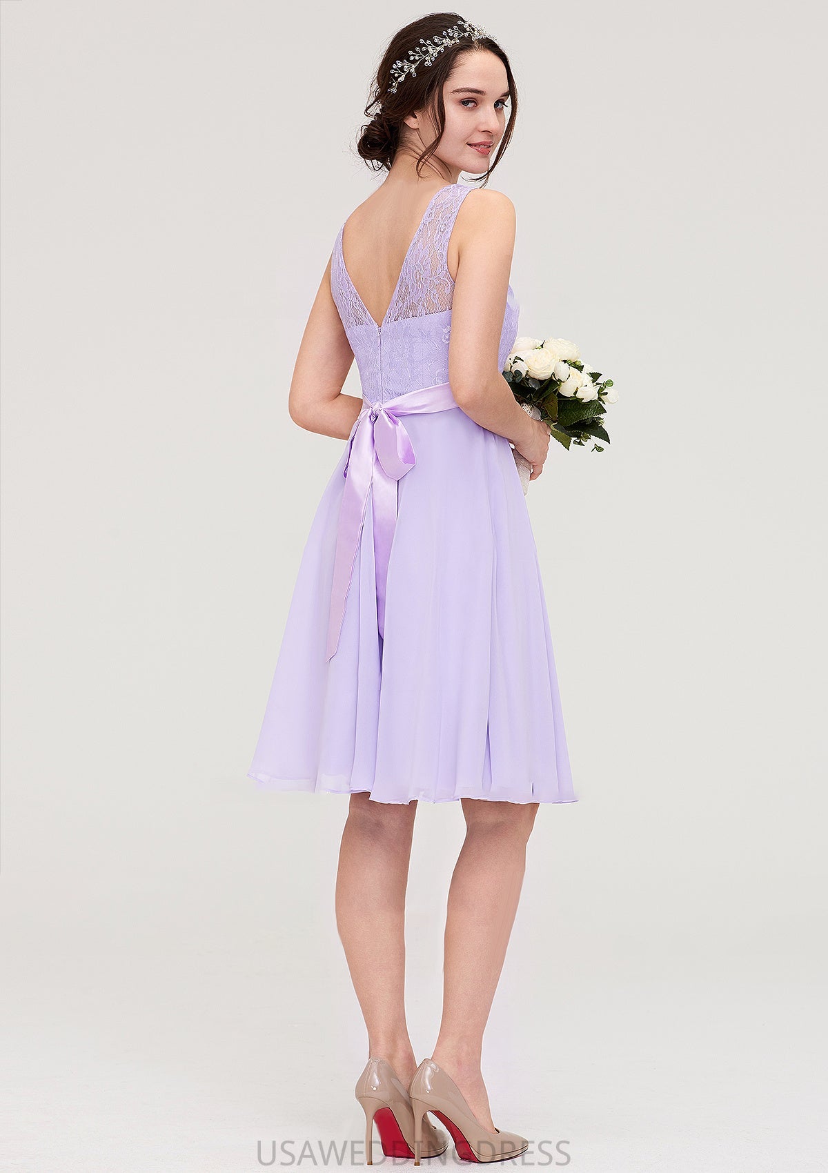 Sleeveless Knee-Length Chiffon A-line/Princess Bridesmaid Dresses With Sashes Lace Jolie DSP0025481