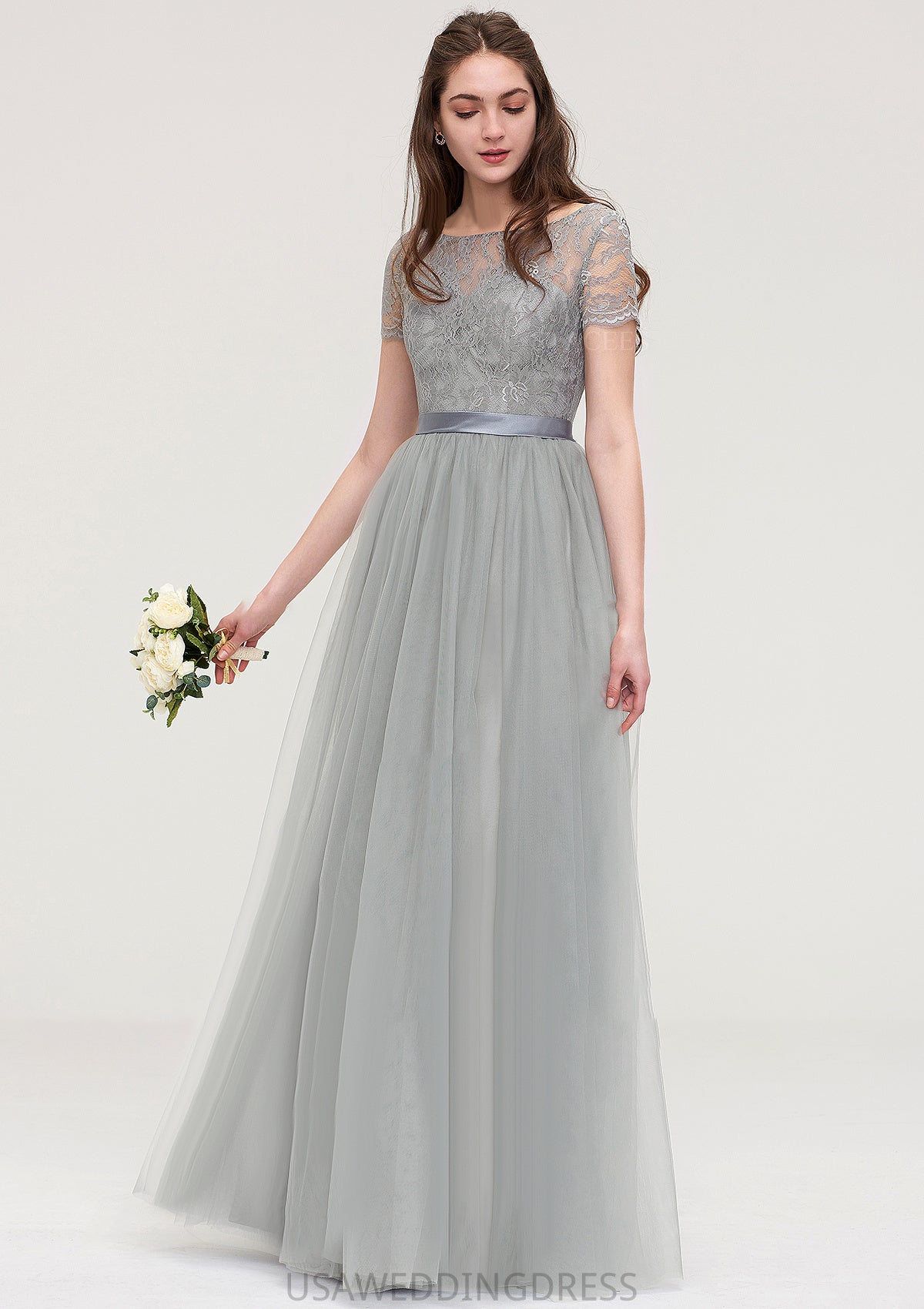 Bateau Short Sleeve Long/Floor-Length Tulle A-line/Princess Bridesmaid Dresses With Sashes Lace Britney DSP0025482