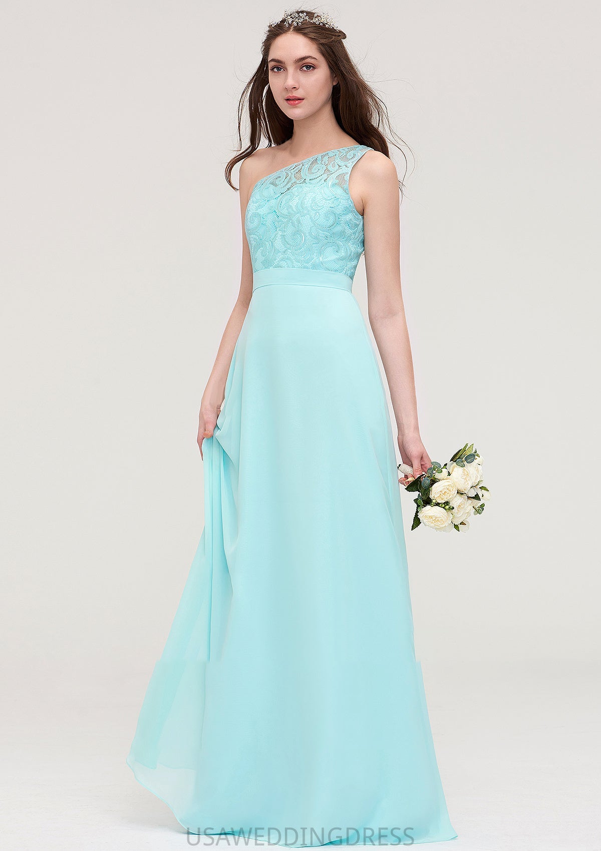 One-Shoulder Sleeveless Long/Floor-Length Chiffon A-line/Princess Bridesmaid Dresses With Lace Liliana DSP0025491
