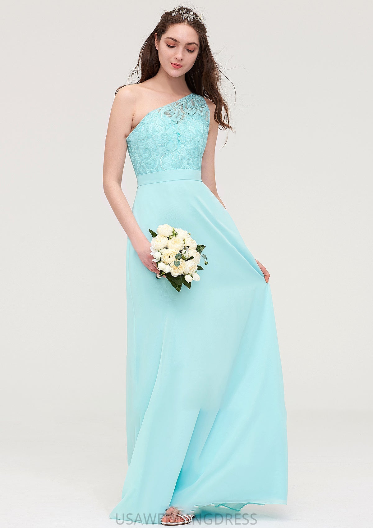 One-Shoulder Sleeveless Long/Floor-Length Chiffon A-line/Princess Bridesmaid Dresses With Lace Liliana DSP0025491