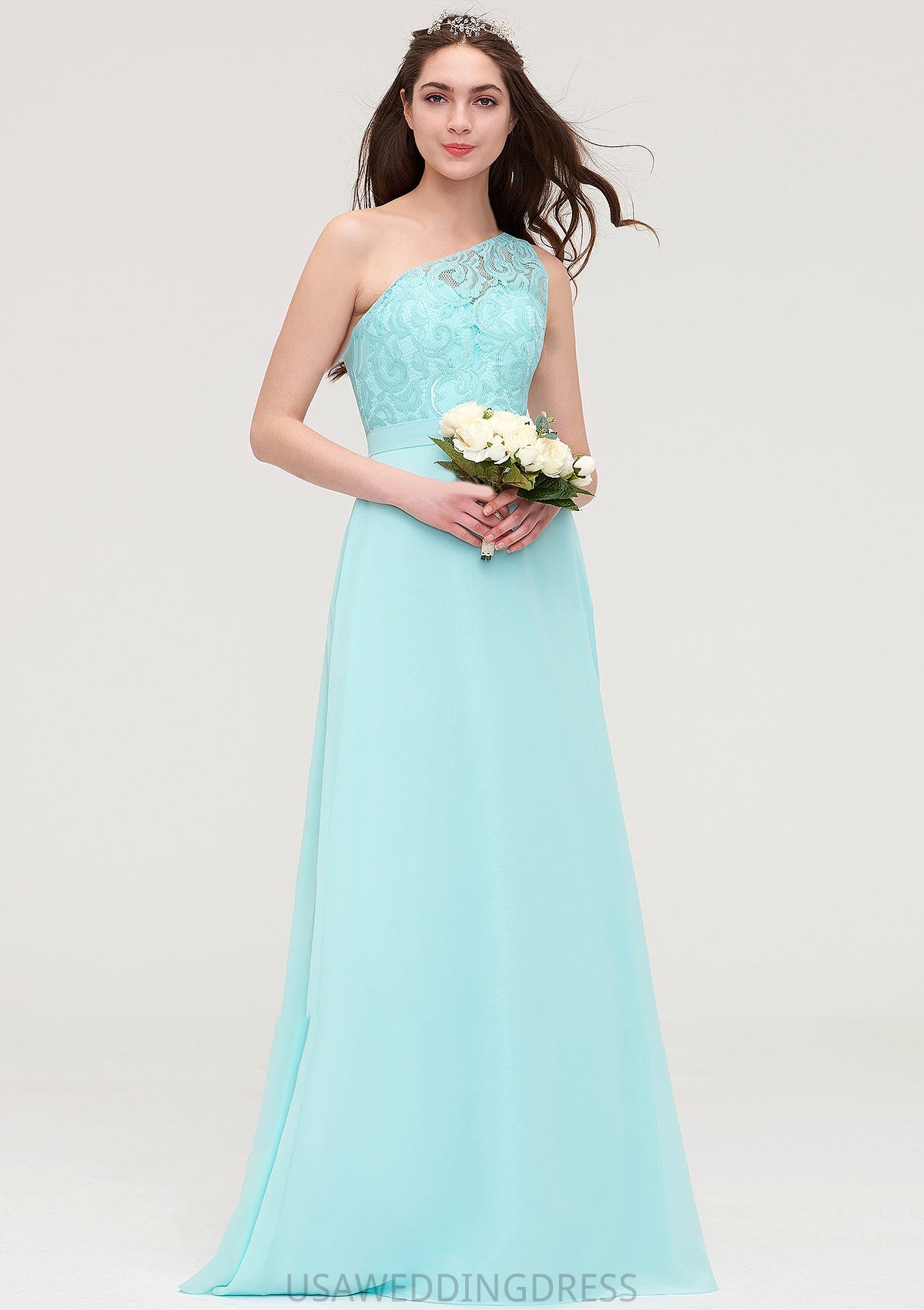 One-Shoulder Sleeveless Long/Floor-Length Chiffon A-line/Princess Bridesmaid Dresses With Lace Liliana DSP0025491