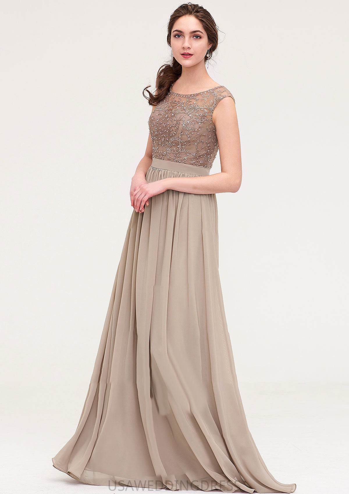 Sleeveless Scoop Neck Long/Floor-Length Chiffon A-line/Princess Bridesmaid Dresses With Sequins Beading Lace Pleated Patsy DSP0025493