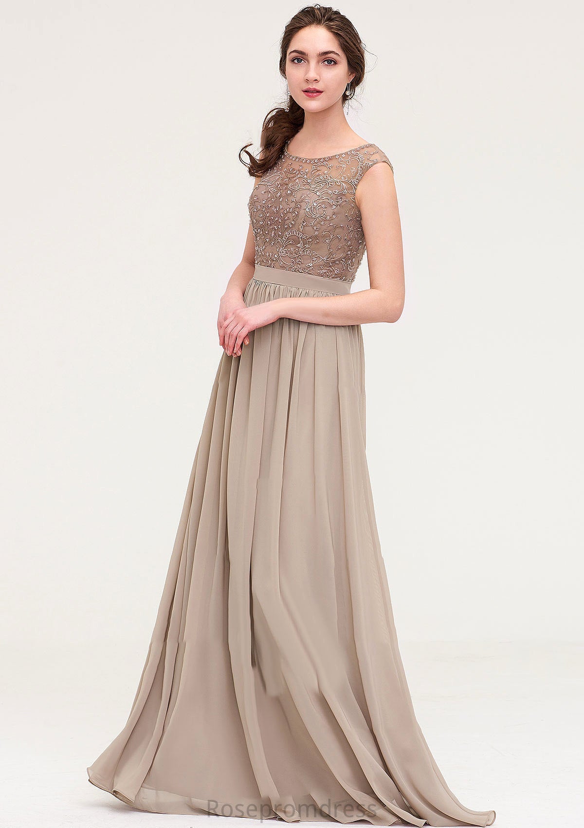 Sleeveless Scoop Neck Long/Floor-Length Chiffon A-line/Princess Bridesmaid Dresses With Sequins Beading Lace Pleated Ariel SRSP0025493