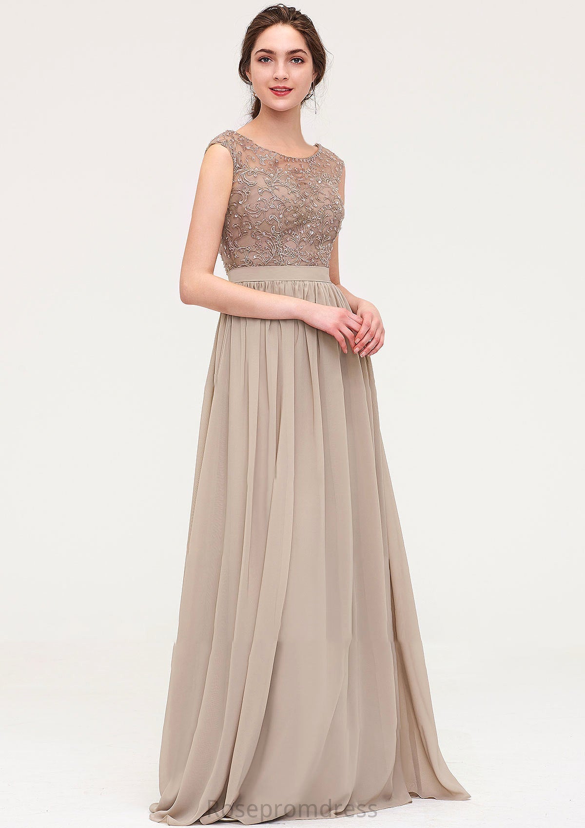 Sleeveless Scoop Neck Long/Floor-Length Chiffon A-line/Princess Bridesmaid Dresses With Sequins Beading Lace Pleated Ariel SRSP0025493