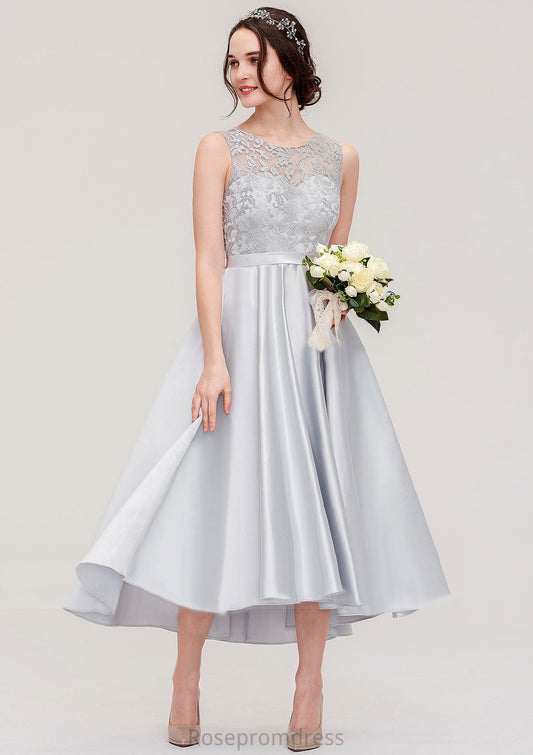 Bateau Sleeveless Tea-Length Satin A-line/Princess Bridesmaid Dresses With Sashes Lace Brynlee SRSP0025495