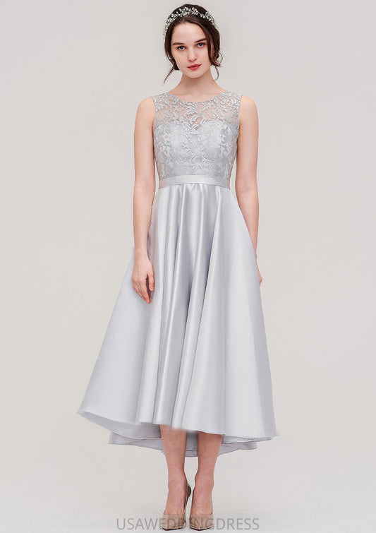 Bateau Sleeveless Tea-Length Satin A-line/Princess Bridesmaid Dresses With Sashes Lace Nayeli DSP0025495