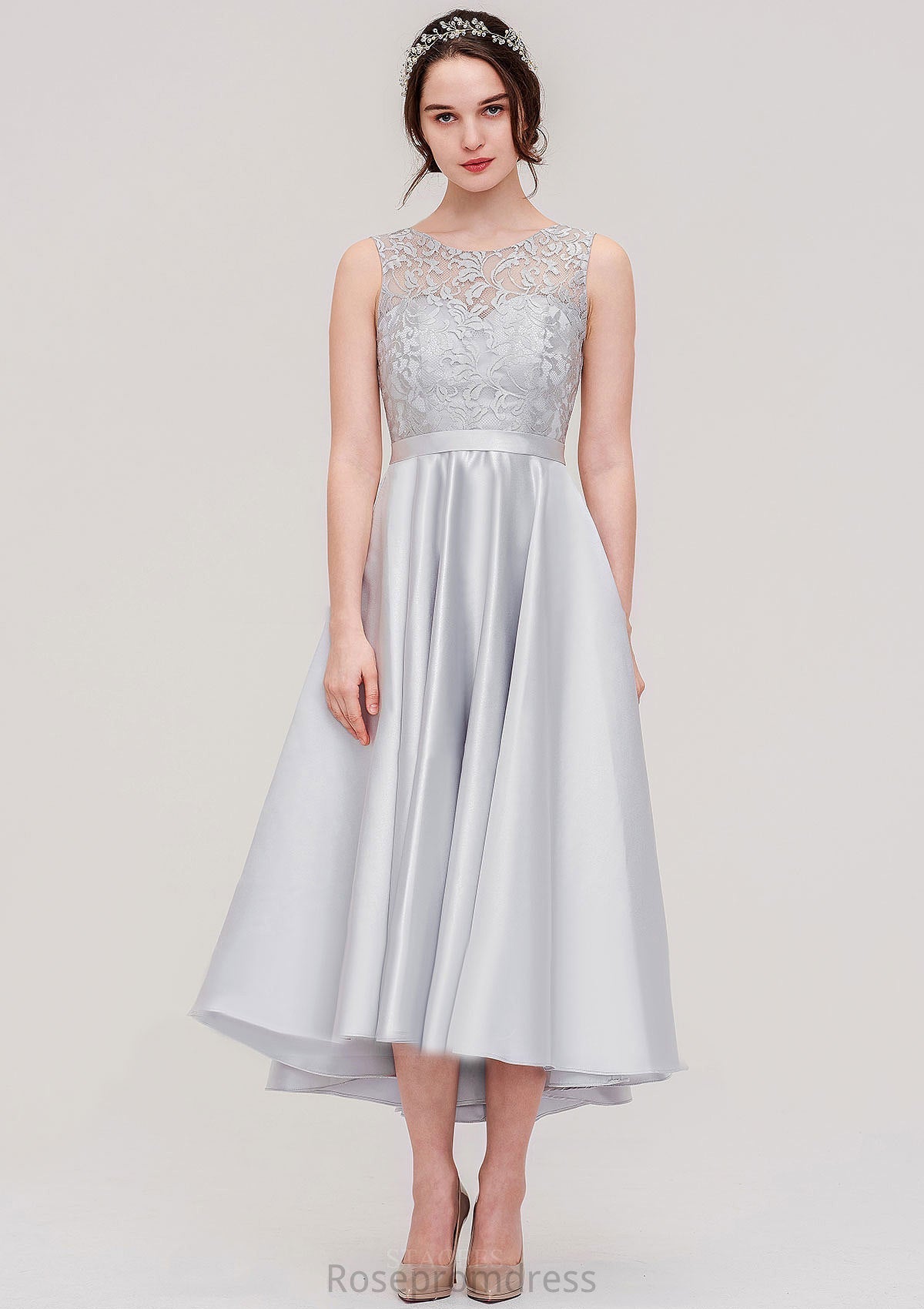 Bateau Sleeveless Tea-Length Satin A-line/Princess Bridesmaid Dresses With Sashes Lace Brynlee SRSP0025495