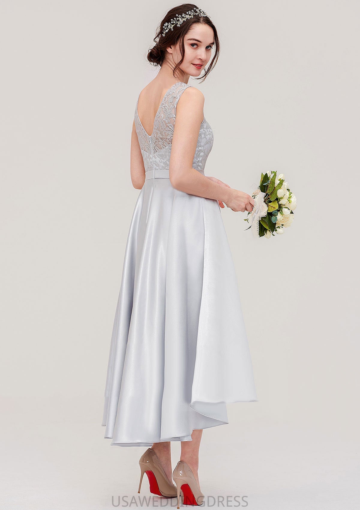 Bateau Sleeveless Tea-Length Satin A-line/Princess Bridesmaid Dresses With Sashes Lace Nayeli DSP0025495