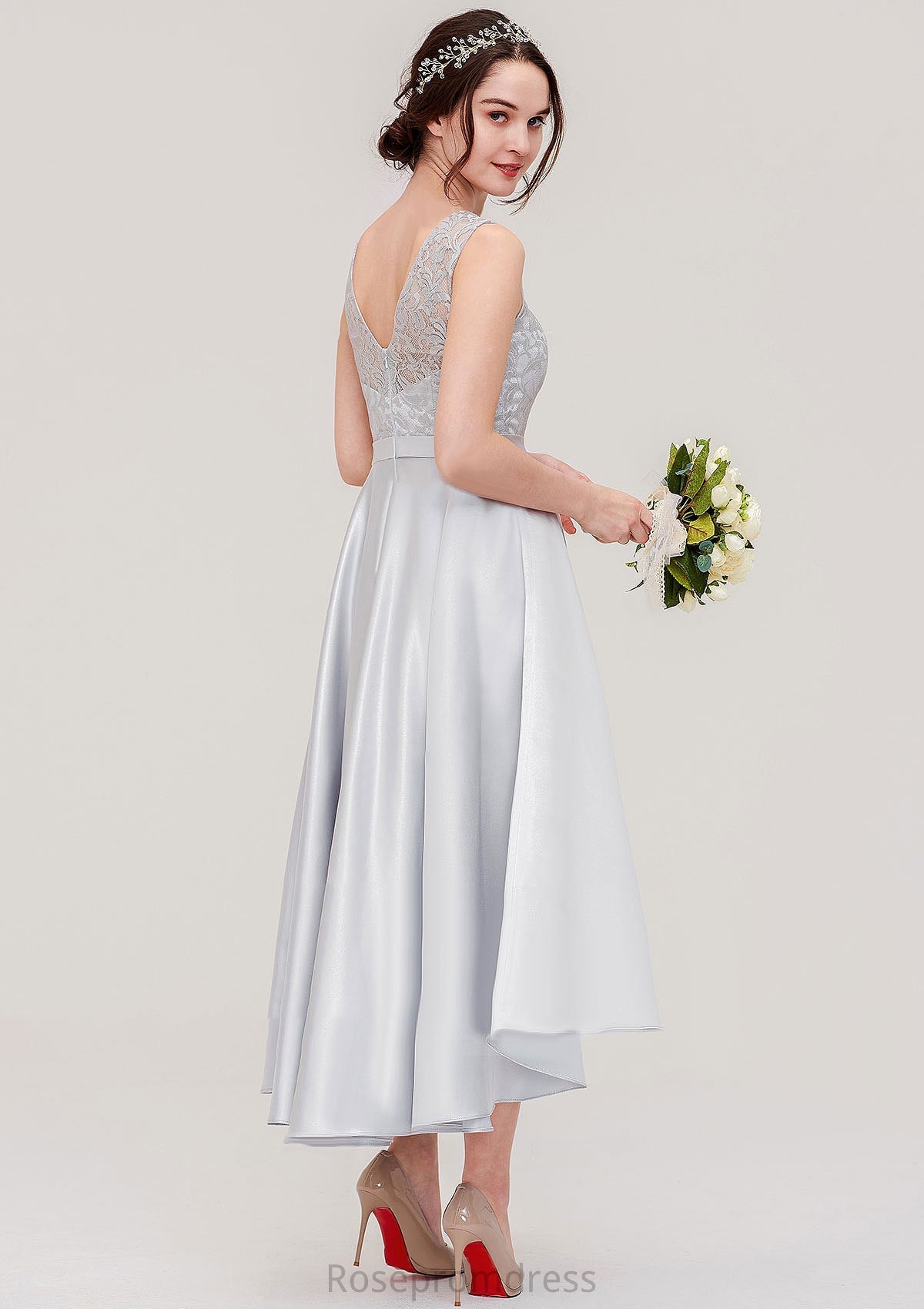 Bateau Sleeveless Tea-Length Satin A-line/Princess Bridesmaid Dresses With Sashes Lace Brynlee SRSP0025495