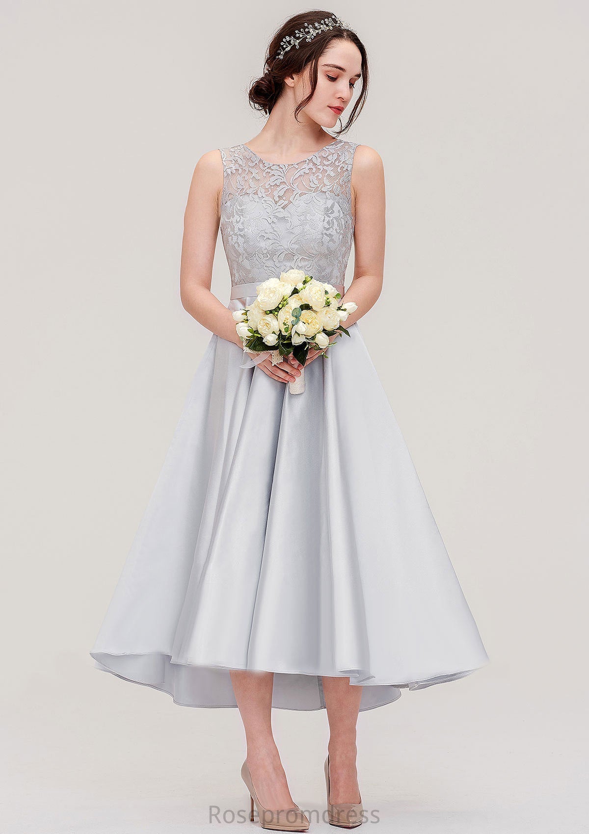 Bateau Sleeveless Tea-Length Satin A-line/Princess Bridesmaid Dresses With Sashes Lace Brynlee SRSP0025495