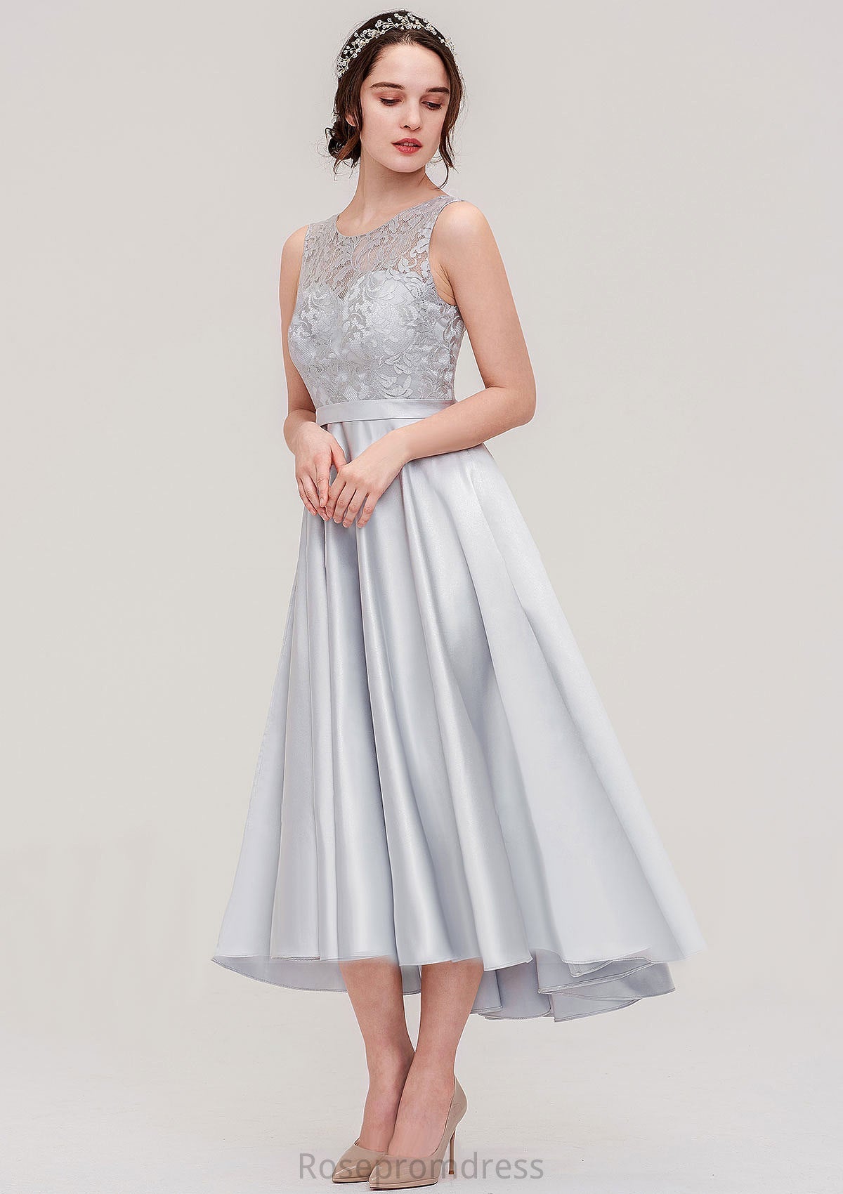 Bateau Sleeveless Tea-Length Satin A-line/Princess Bridesmaid Dresses With Sashes Lace Brynlee SRSP0025495