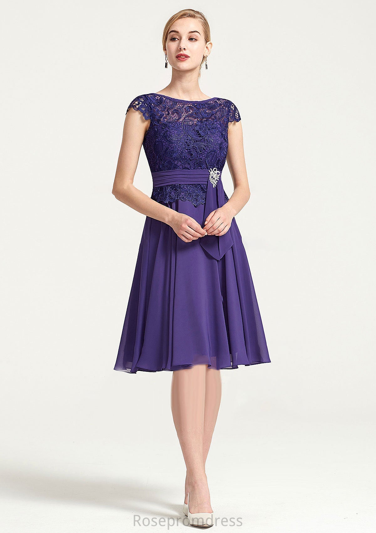 Sleeveless Bateau Knee-Length A-line/Princess Chiffon Bridesmaid Dresses With Rhinestone Appliqued Sashes Salome SRSP0025496