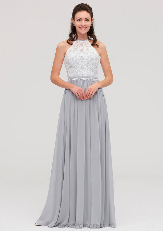 Sleeveless Scoop Neck A-line/Princess Chiffon Long/Floor-Length Bridesmaid Dresseses With Lace Tanya SRSP0025497