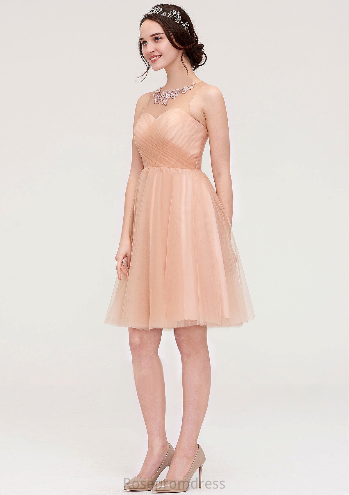 Bateau Sleeveless A-line/Princess Tulle Knee-Length Bridesmaid Dresses With Pleated Beading Lillianna SRSP0025498