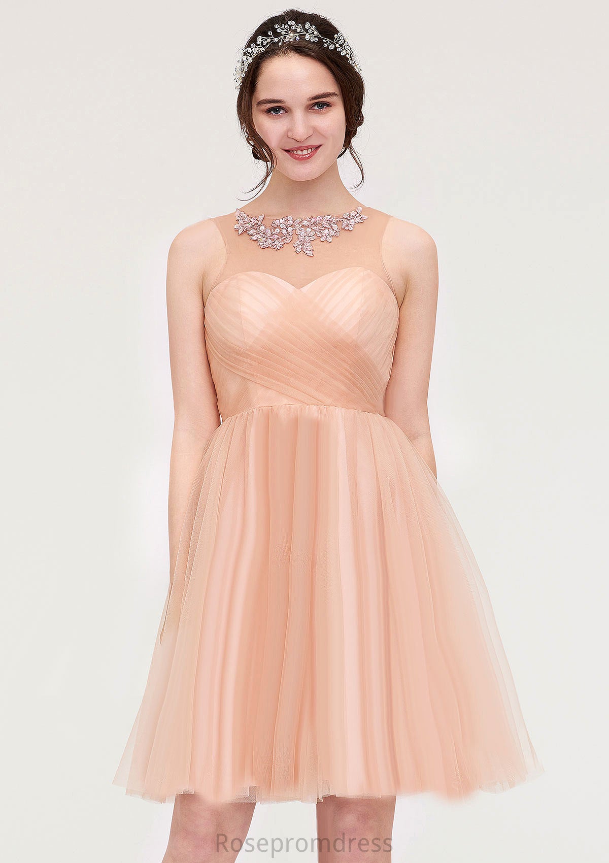 Bateau Sleeveless A-line/Princess Tulle Knee-Length Bridesmaid Dresses With Pleated Beading Lillianna SRSP0025498