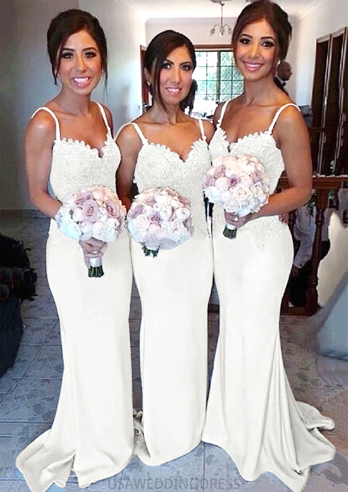 Sweetheart Court Train Sheath/Column Elastic Satin Bridesmaid Dresseses With Lace Pearl DSP0025500