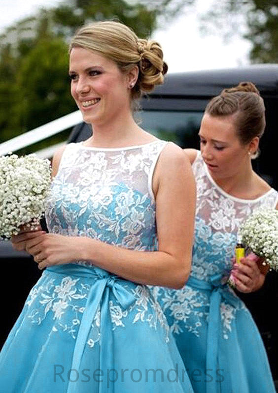 Bateau A-Line/Princess Tea-Length Organza Bridesmaid Dresses With Appliqued Christine SRSP0025504