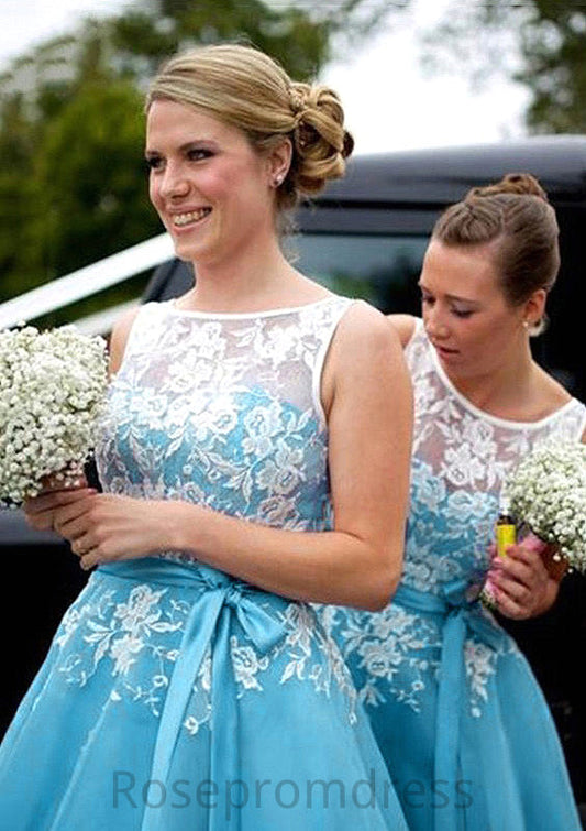 Bateau A-Line/Princess Tea-Length Organza Bridesmaid Dresses With Appliqued Christine SRSP0025504