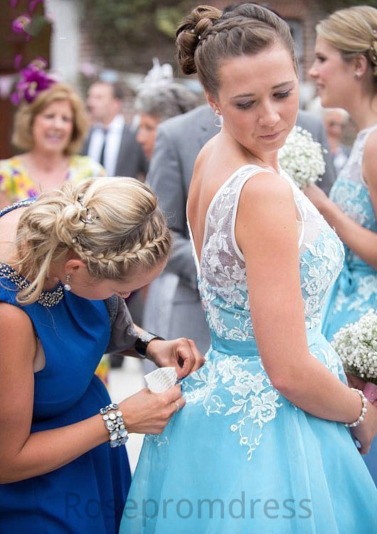 Bateau A-Line/Princess Tea-Length Organza Bridesmaid Dresses With Appliqued Christine SRSP0025504