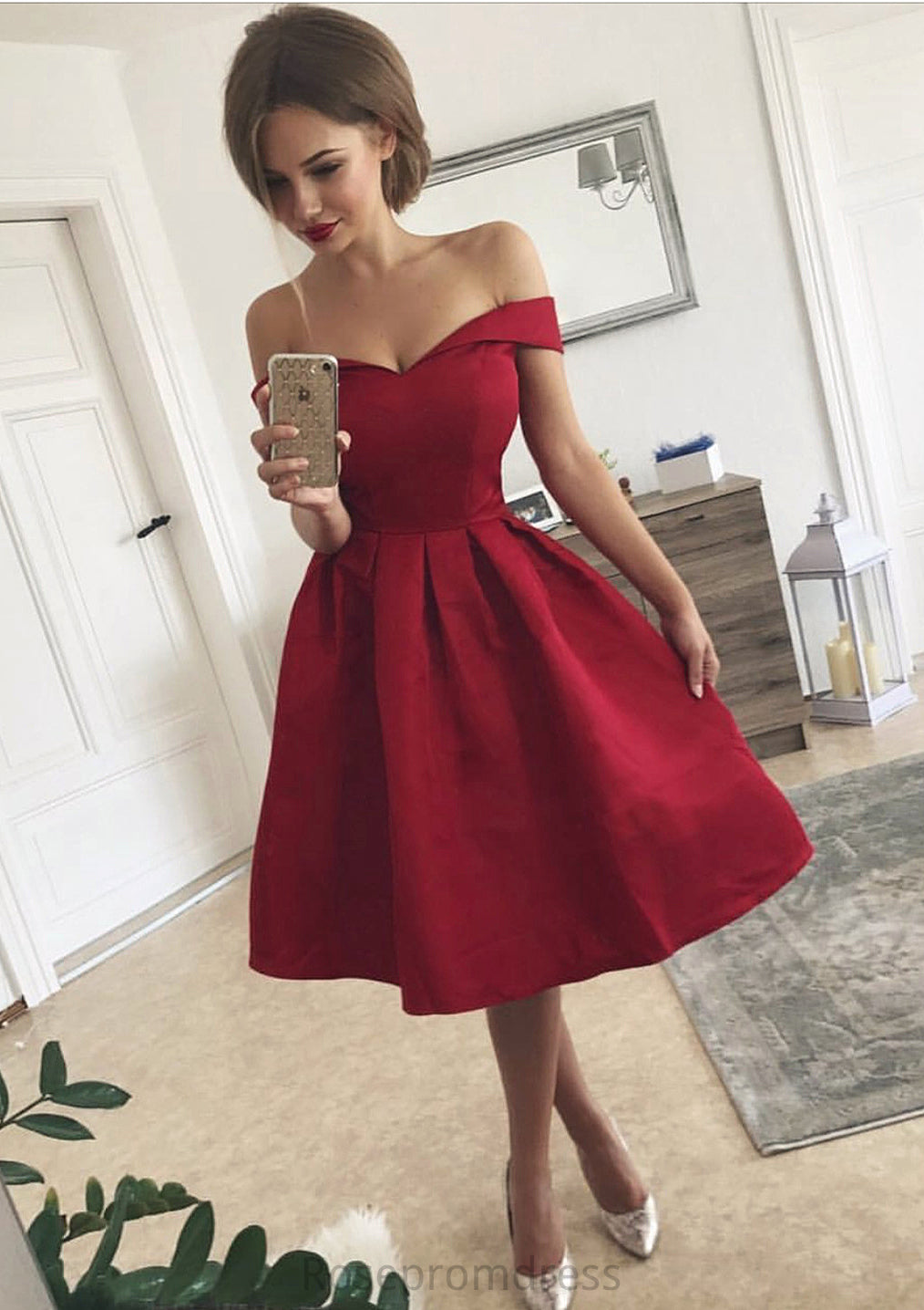 Sleeveless Off-the-Shoulder Tea-Length A-line/Princess Satin Bridesmaid Dresseses With Pleated Lilliana SRSP0025508