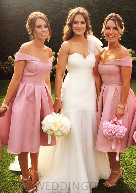 Sleeveless Off-the-Shoulder Tea-Length A-line/Princess Satin Bridesmaid Dresseses With Pleated Trudie DSP0025508