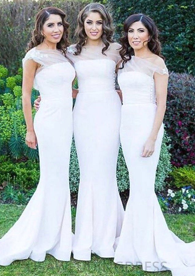 Sheath/Column Strapless Sweep Train Elastic Satin Bridesmaid Dresses With Beaded Maggie DSP0025511