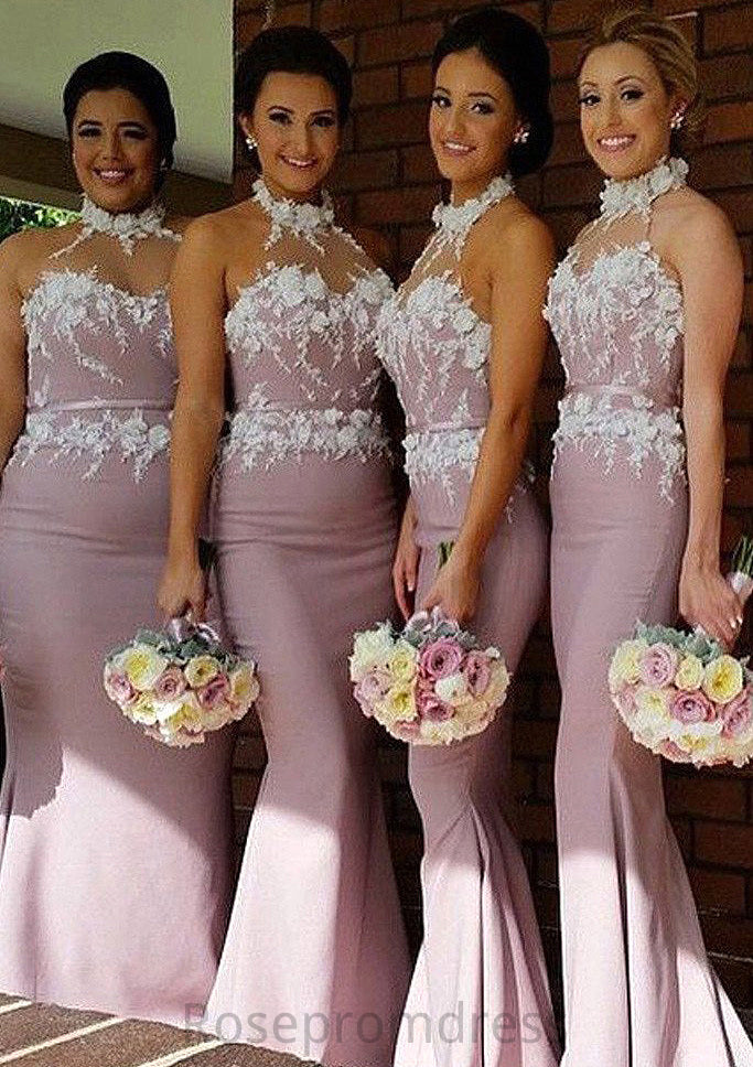 Halter Sleeveless Sweep Train Sheath/Column Satin Bridesmaid Dresses With Appliqued Bella SRSP0025515