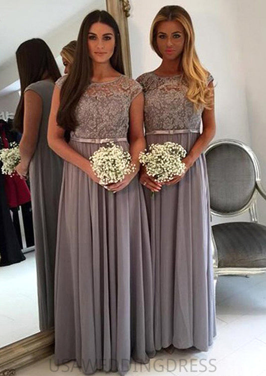 Bateau A-Line/Princess Long/Floor-Length Chiffon Bridesmaid Dresses With Appliqued Thelma DSP0025517