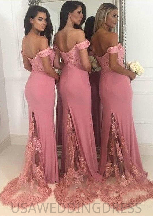 Sleeveless Off-the-Shoulder Sweep Train Sheath/Column Jersey Bridesmaid Dresseses With Lace Beading Cara DSP0025519