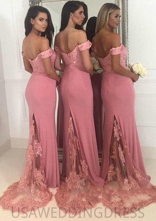 Sleeveless Off-the-Shoulder Sweep Train Sheath/Column Jersey Bridesmaid Dresseses With Lace Beading Cara DSP0025519