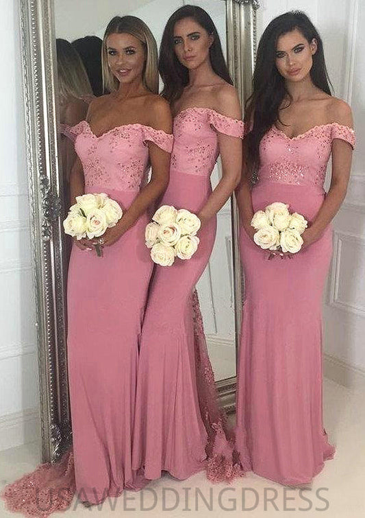 Sleeveless Off-the-Shoulder Sweep Train Sheath/Column Jersey Bridesmaid Dresseses With Lace Beading Cara DSP0025519