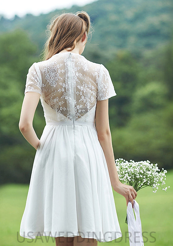 Short/Mini Scalloped Neck Short Sleeve Chiffon A-line/Princess Bridesmaid Dresseses With Lace Joanna DSP0025520