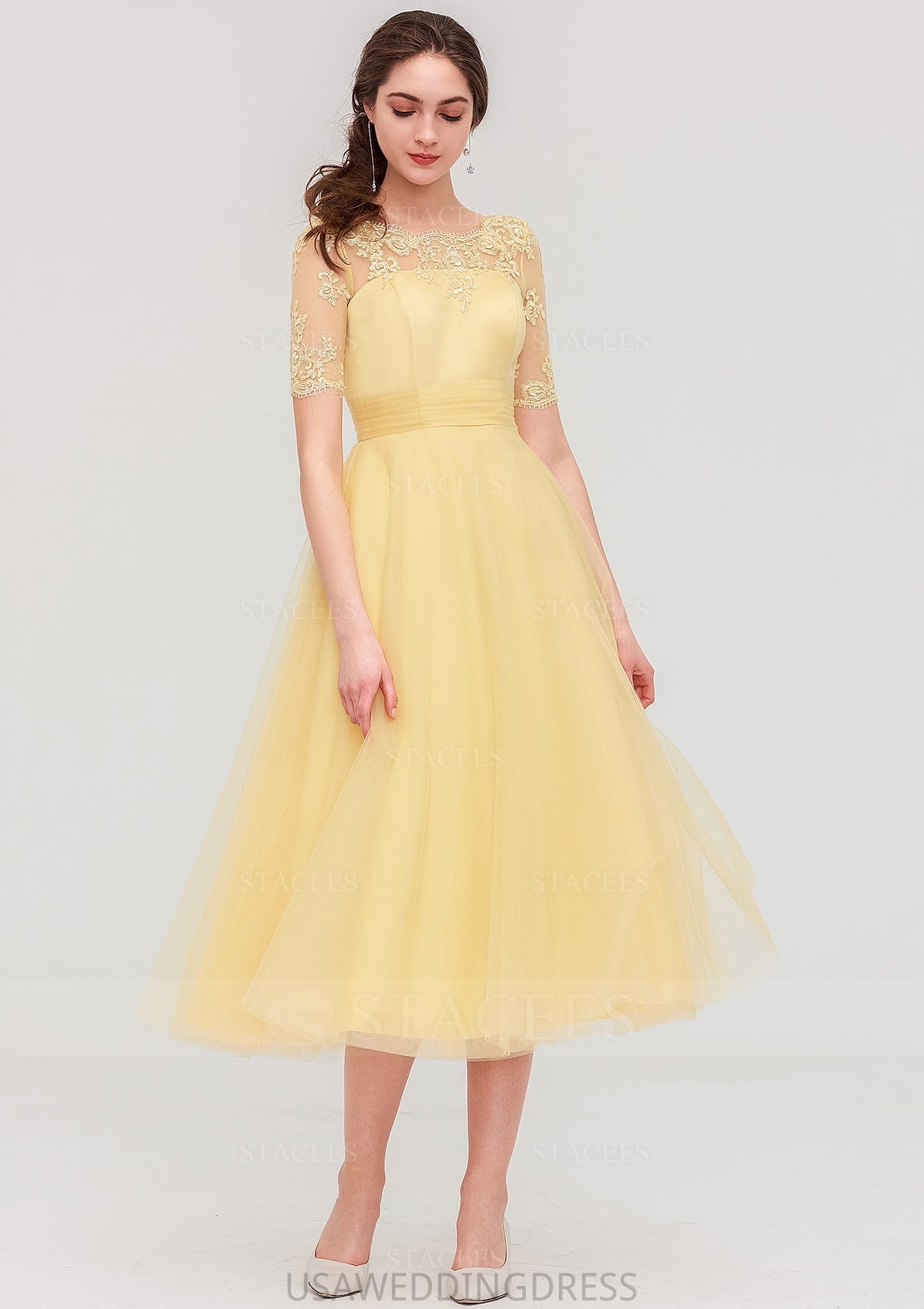 Bateau Short Sleeve A-line/Princess Tulle Tea-Length  Bridesmaid Dresses With Pleated Lace Eleanor DSP0025522