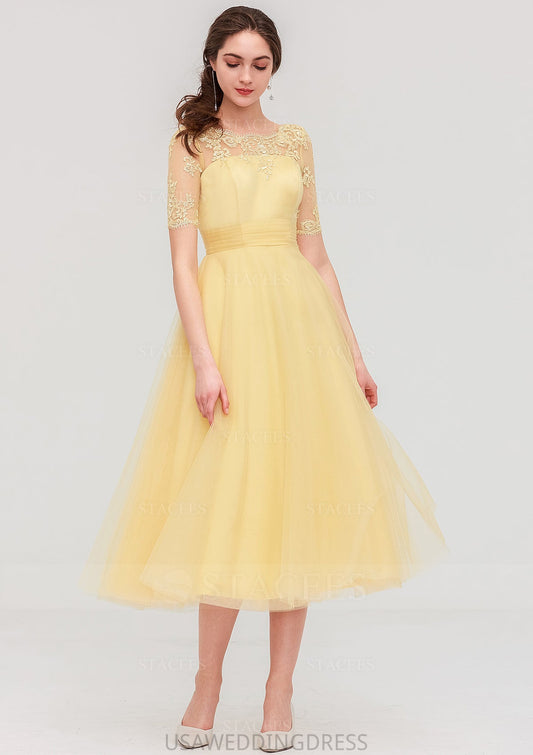 Bateau Short Sleeve A-line/Princess Tulle Tea-Length  Bridesmaid Dresses With Pleated Lace Eleanor DSP0025522