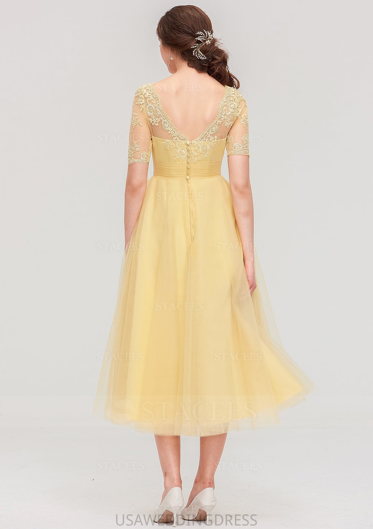 Bateau Short Sleeve A-line/Princess Tulle Tea-Length  Bridesmaid Dresses With Pleated Lace Eleanor DSP0025522