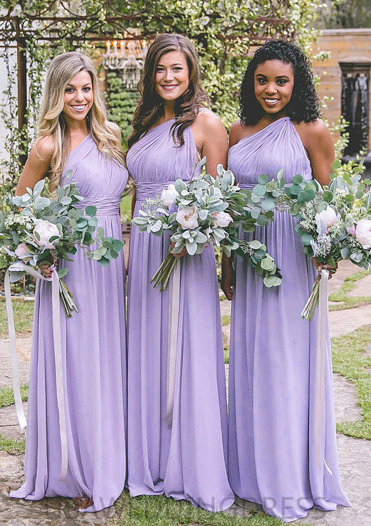 One-Shoulder A-Line/Princess Long/Floor-Length Chiffon Bridesmaid Dresses With Pleated Kaelyn DSP0025544