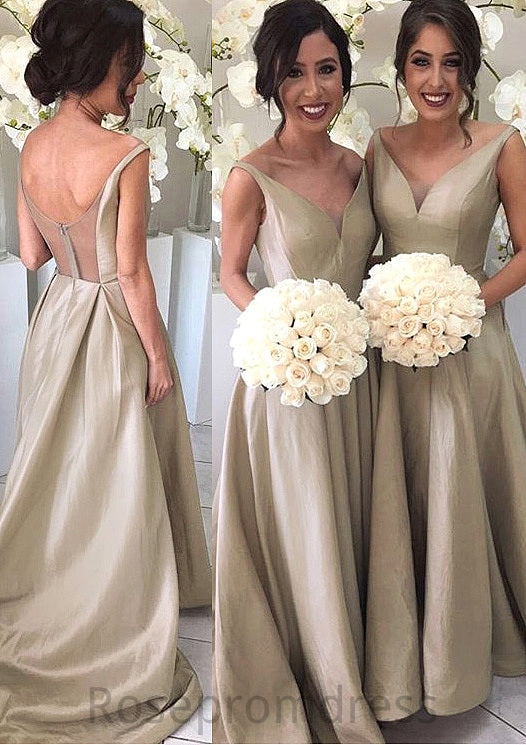 A-Line/Princess Sleeveless V-Neck Zipper Sweep Train Taffeta Bridesmaid Dresses Makenna SRSP0025548